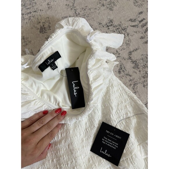 Lulus Eye-Catching Presence White Smock Tiered Strapless Midi Dress Small Beach - Picture 4 of 7